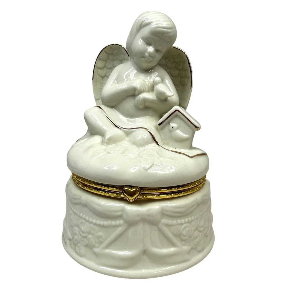 Porcelain Angel Trinket Jewelry Box Bath Salt Holder Gold Trim Bird 5in Wx7in H
